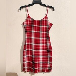 SHEIN Medium Red, Black & White Plaid Cute Spaghetti Strap Mini Ruffled Dress